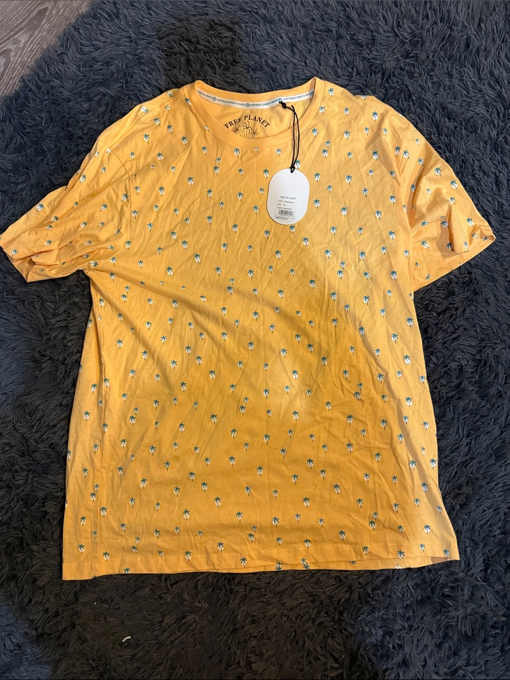 Free Planet Men's Mustard Yellow Palm-Print Short Sleeve Tee